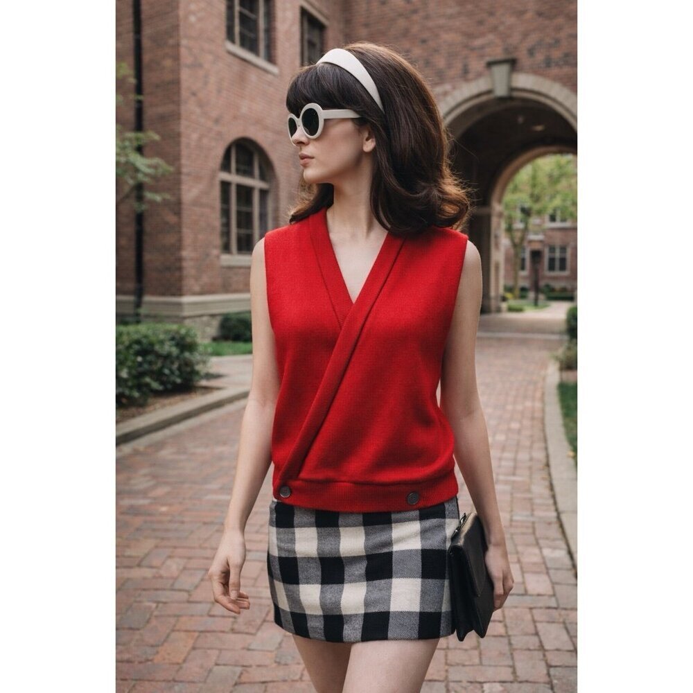 VTG Sweater Vest 100% Australian Zephyr Wool Womens Large Red Retro Mod 50s 60s